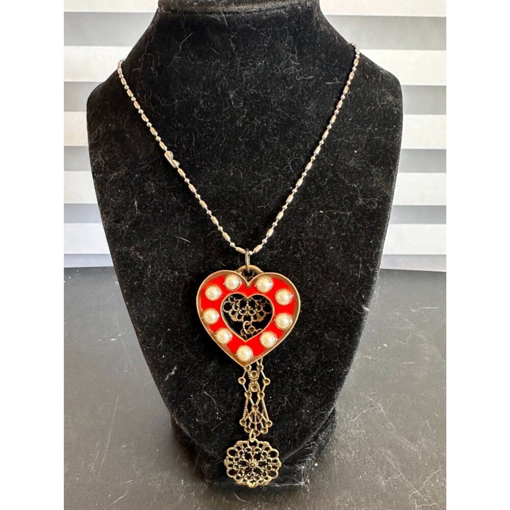 Vintage Red Enamel Heart Necklace Gold Filigree Faux Pearls Romantic Boho